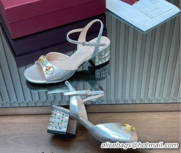 Good Looking Gucci calfskin leather heel sandals 5.5cm with horsebit and strass silver 2026 812292