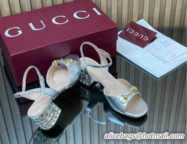 Good Looking Gucci calfskin leather heel sandals 5.5cm with horsebit and strass silver 2026 812292