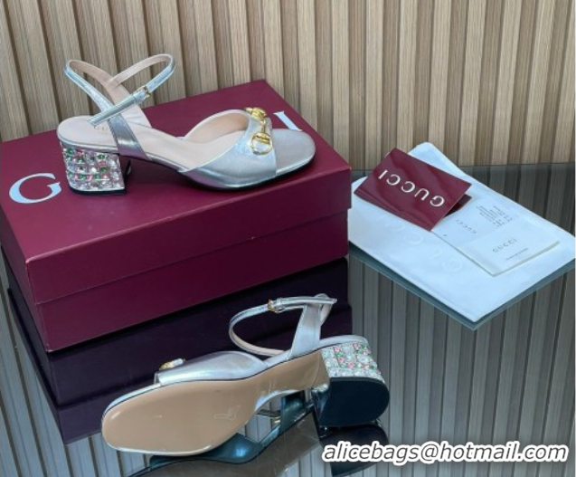 Good Looking Gucci calfskin leather heel sandals 5.5cm with horsebit and strass silver 2026 812292