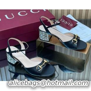 Low Cost Gucci lambskin leather heel sandals 5 5cm with horsebit and strass black 2026 812292