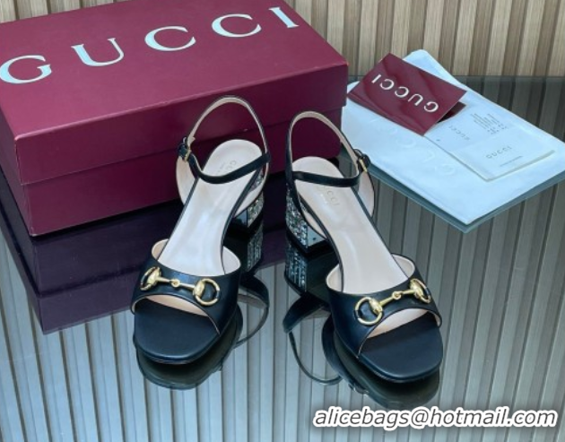 Low Cost Gucci lambskin leather heel sandals 5 5cm with horsebit and strass black 2026 812292