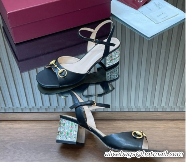 Low Cost Gucci lambskin leather heel sandals 5 5cm with horsebit and strass black 2026 812292