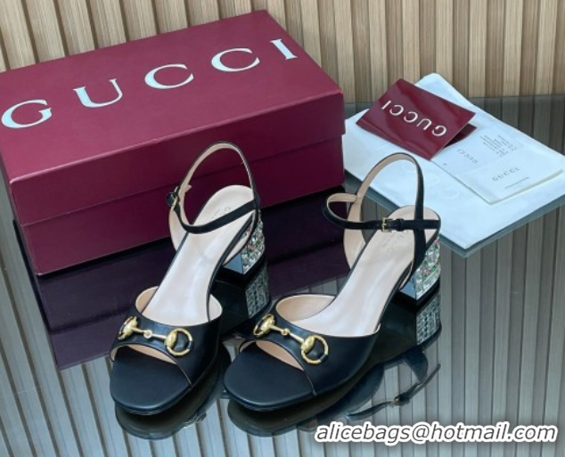 Low Cost Gucci lambskin leather heel sandals 5 5cm with horsebit and strass black 2026 812292