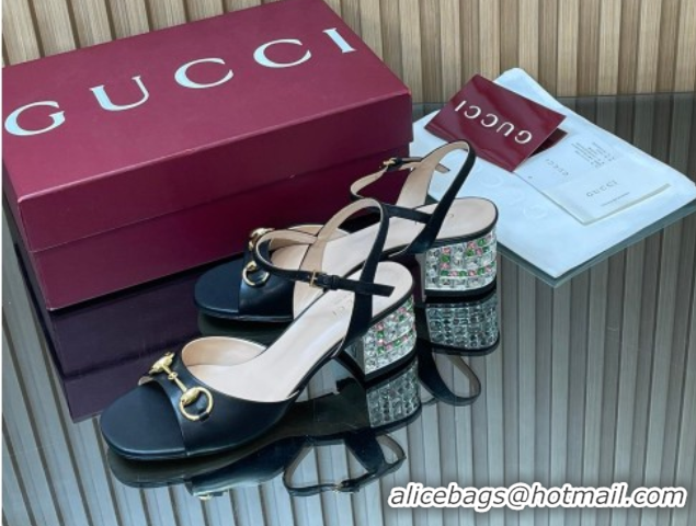 Low Cost Gucci lambskin leather heel sandals 5 5cm with horsebit and strass black 2026 812292