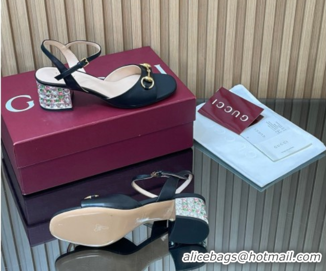 Low Cost Gucci lambskin leather heel sandals 5 5cm with horsebit and strass black 2026 812292