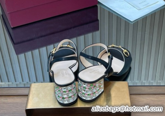 Low Cost Gucci lambskin leather heel sandals 5 5cm with horsebit and strass black 2026 812292