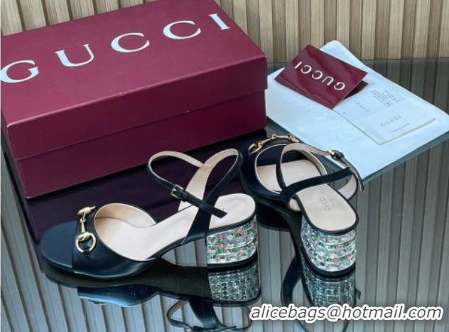 Low Cost Gucci lambskin leather heel sandals 5 5cm with horsebit and strass black 2026 812292