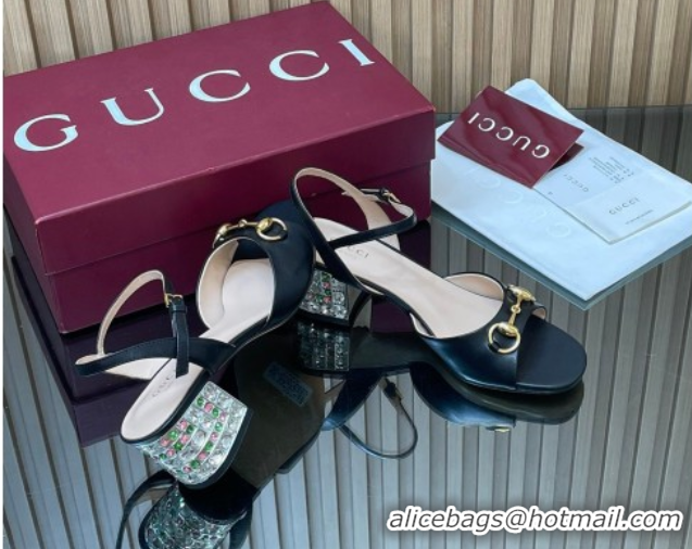 Low Cost Gucci lambskin leather heel sandals 5 5cm with horsebit and strass black 2026 812292
