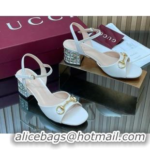 Grade Quality Gucci lambskin leather heel sandals 5.5cm with horsebit and strass white 2026 812292