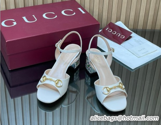 Grade Quality Gucci lambskin leather heel sandals 5.5cm with horsebit and strass white 2026 812292