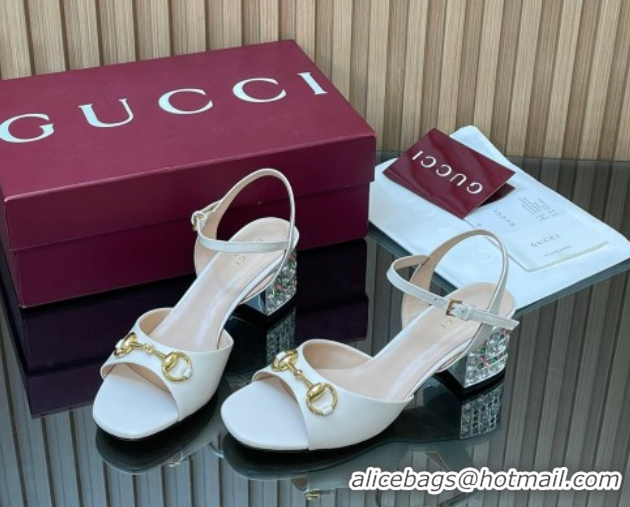Grade Quality Gucci lambskin leather heel sandals 5.5cm with horsebit and strass white 2026 812292