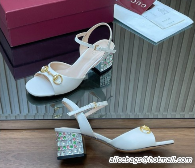 Grade Quality Gucci lambskin leather heel sandals 5.5cm with horsebit and strass white 2026 812292