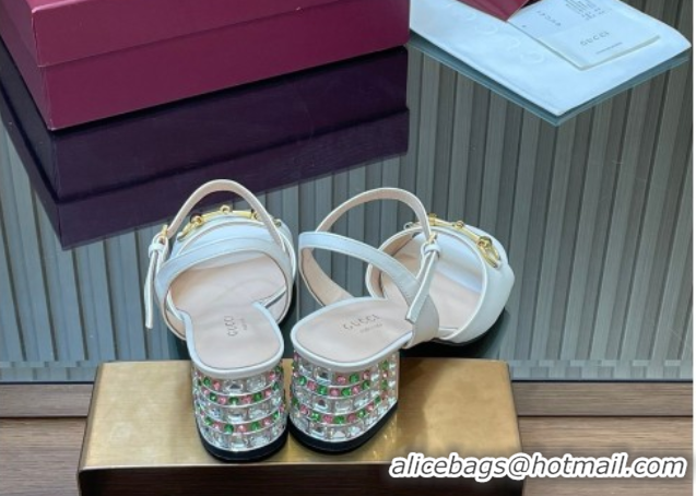 Grade Quality Gucci lambskin leather heel sandals 5.5cm with horsebit and strass white 2026 812292