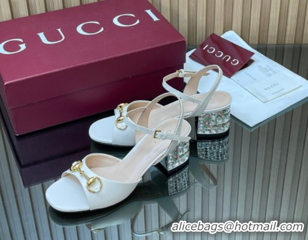 Grade Quality Gucci lambskin leather heel sandals 5.5cm with horsebit and strass white 2026 812292