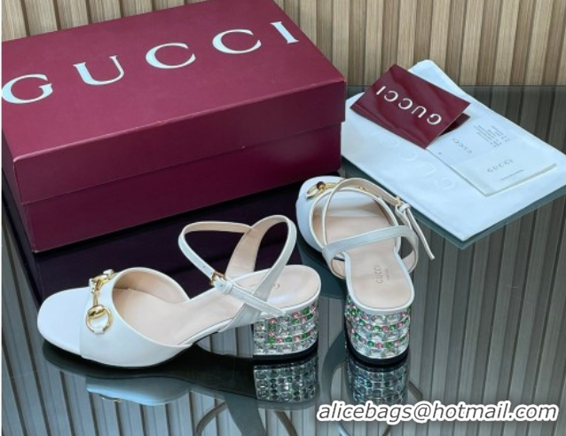 Grade Quality Gucci lambskin leather heel sandals 5.5cm with horsebit and strass white 2026 812292