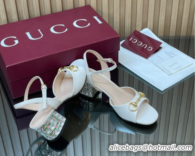 Grade Quality Gucci lambskin leather heel sandals 5.5cm with horsebit and strass white 2026 812292