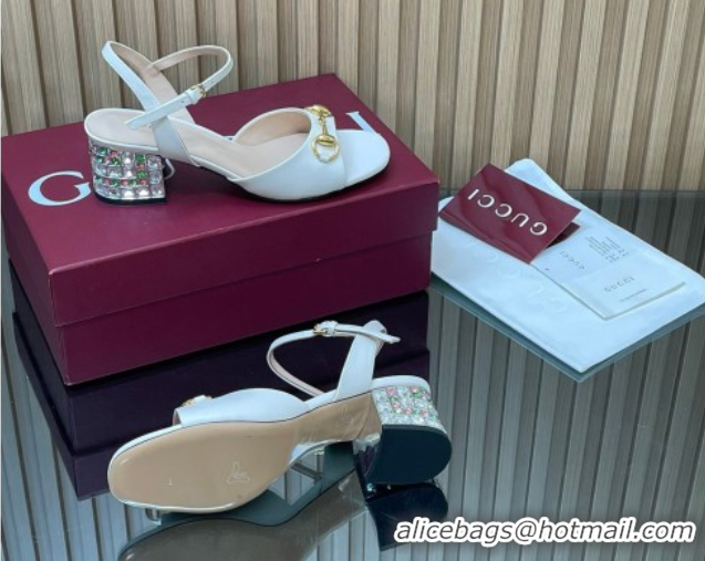 Grade Quality Gucci lambskin leather heel sandals 5.5cm with horsebit and strass white 2026 812292