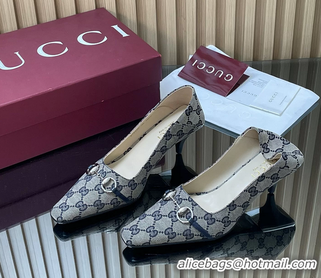 Luxurious Gucci Vittoria Horsebit Pumps Shoes Blue GG Canvas 55MM 35To42