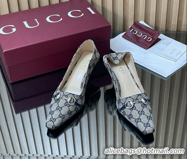 Luxurious Gucci Vittoria Horsebit Pumps Shoes Blue GG Canvas 55MM 35To42