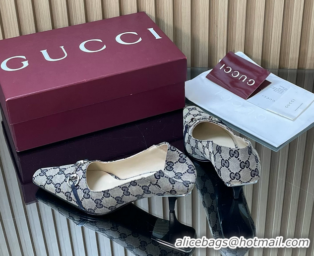 Luxurious Gucci Vittoria Horsebit Pumps Shoes Blue GG Canvas 55MM 35To42