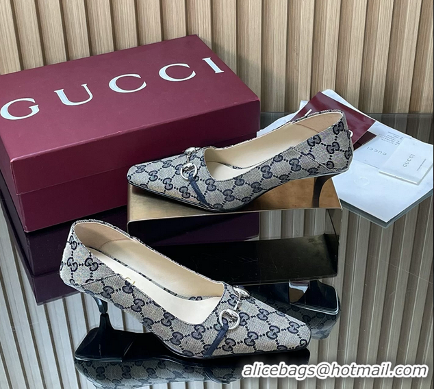 Luxurious Gucci Vittoria Horsebit Pumps Shoes Blue GG Canvas 55MM 35To42
