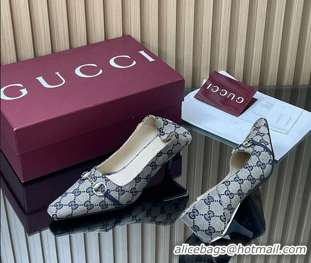 Luxurious Gucci Vittoria Horsebit Pumps Shoes Blue GG Canvas 55MM 35To42