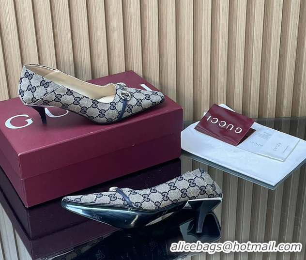 Luxurious Gucci Vittoria Horsebit Pumps Shoes Blue GG Canvas 55MM 35To42