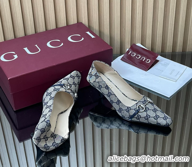 Luxurious Gucci Vittoria Horsebit Pumps Shoes Blue GG Canvas 55MM 35To42