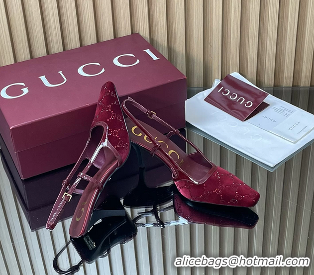 Charming Gucci Crystals Red GG Mesh Slingback Pumps Shoes 75MM 35To42