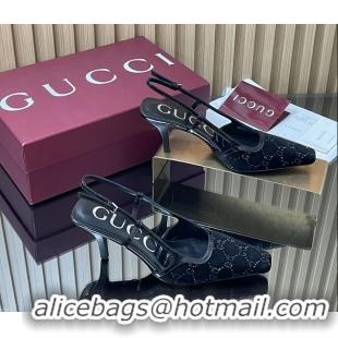 Pretty Style Gucci Crystals Black  GG Mesh Slingback Pumps Shoes 75MM 35To42