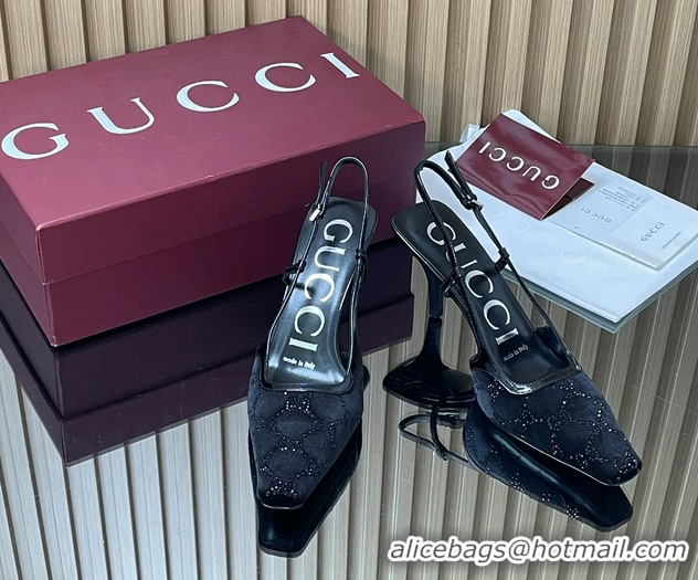 Pretty Style Gucci Crystals Black  GG Mesh Slingback Pumps Shoes 75MM 35To42