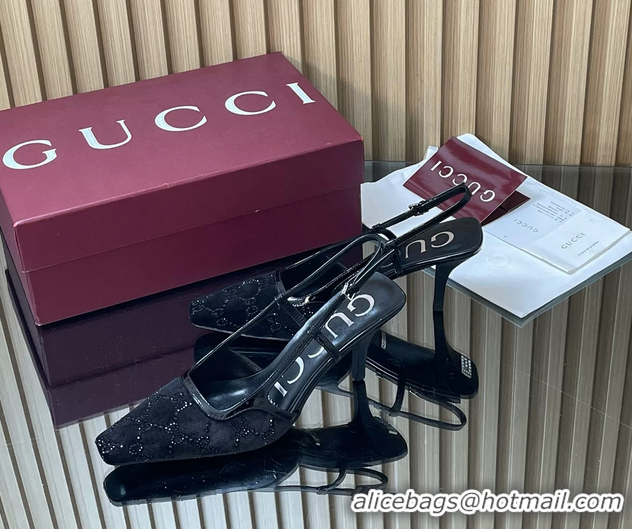 Pretty Style Gucci Crystals Black  GG Mesh Slingback Pumps Shoes 75MM 35To42