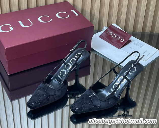 Pretty Style Gucci Crystals Black  GG Mesh Slingback Pumps Shoes 75MM 35To42