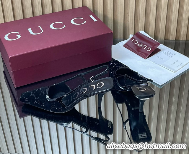 Pretty Style Gucci Crystals Black  GG Mesh Slingback Pumps Shoes 75MM 35To42