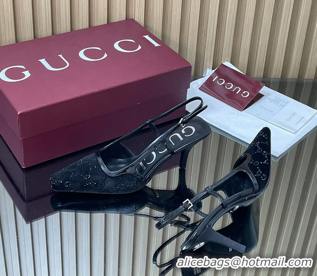 Pretty Style Gucci Crystals Black  GG Mesh Slingback Pumps Shoes 75MM 35To42