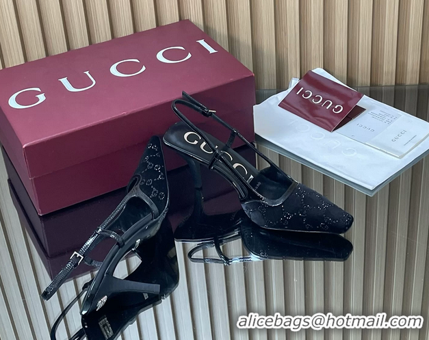 Pretty Style Gucci Crystals Black  GG Mesh Slingback Pumps Shoes 75MM 35To42