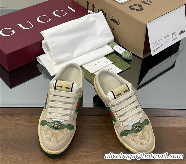 Top Grade Gucci Screener Mule Sneakers Shoes Beige Green Leather and GG Canvas 260503