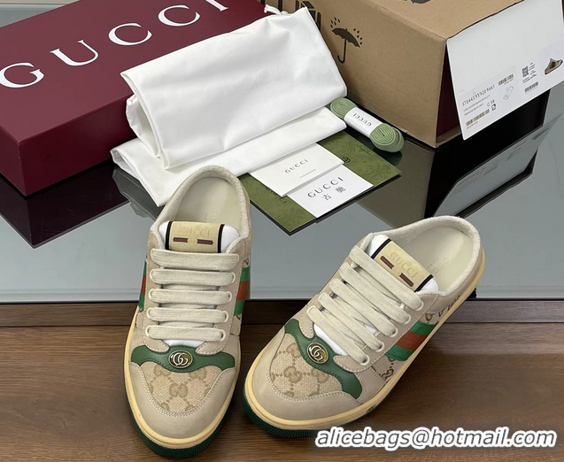 Top Grade Gucci Screener Mule Sneakers Shoes Beige Green Leather and GG Canvas 260503
