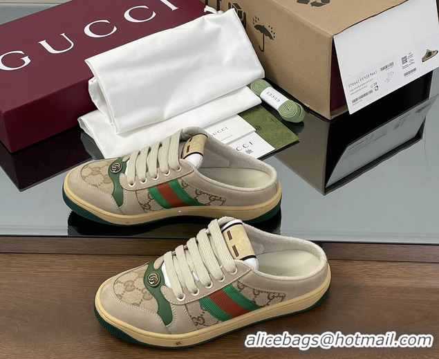 Top Grade Gucci Screener Mule Sneakers Shoes Beige Green Leather and GG Canvas 260503