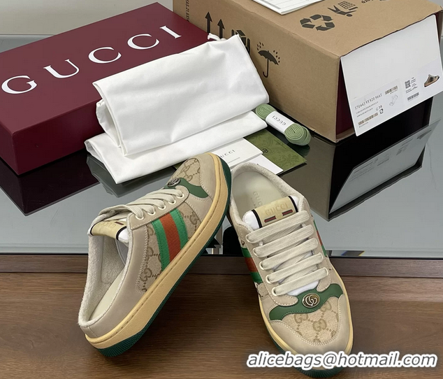 Top Grade Gucci Screener Mule Sneakers Shoes Beige Green Leather and GG Canvas 260503