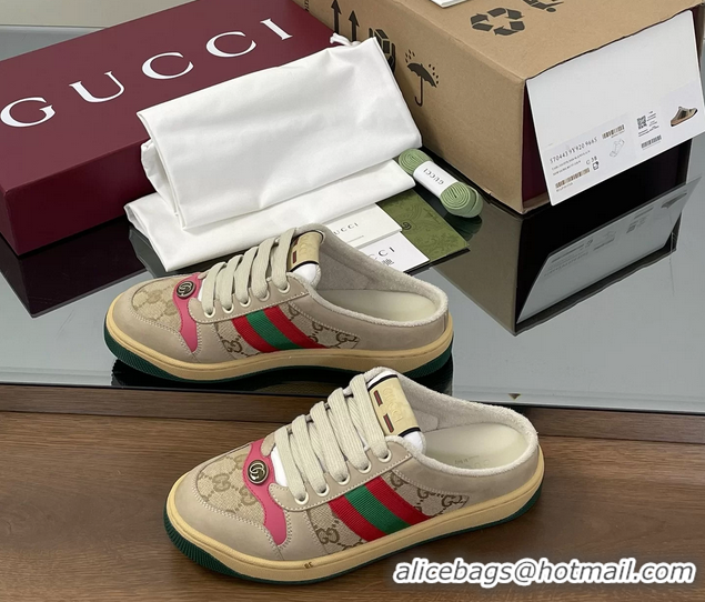 Good Product Gucci Screener Mule Sneakers Shoes  Leather and GG Canvas 260503 Beige Fuchsia