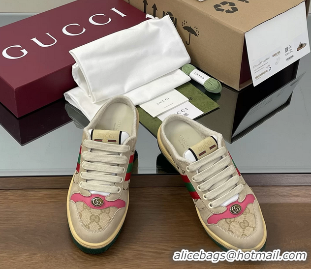 Good Product Gucci Screener Mule Sneakers Shoes  Leather and GG Canvas 260503 Beige Fuchsia