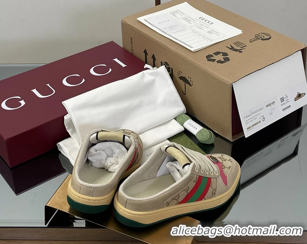Good Product Gucci Screener Mule Sneakers Shoes  Leather and GG Canvas 260503 Beige Fuchsia