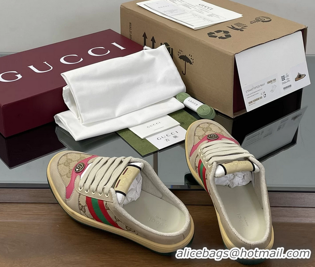 Good Product Gucci Screener Mule Sneakers Shoes  Leather and GG Canvas 260503 Beige Fuchsia
