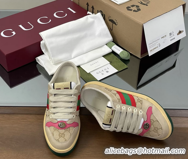 Good Product Gucci Screener Mule Sneakers Shoes  Leather and GG Canvas 260503 Beige Fuchsia