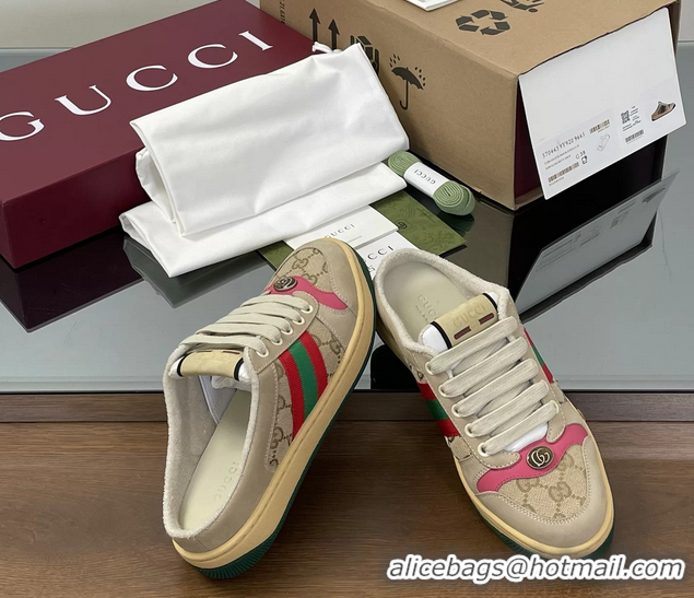 Good Product Gucci Screener Mule Sneakers Shoes  Leather and GG Canvas 260503 Beige Fuchsia
