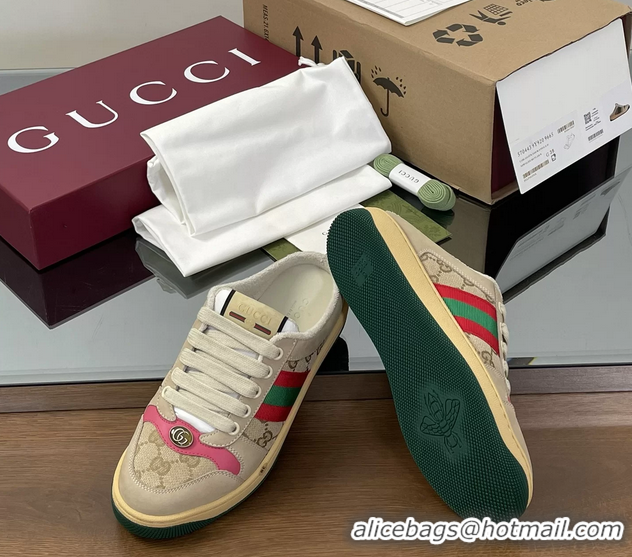 Good Product Gucci Screener Mule Sneakers Shoes  Leather and GG Canvas 260503 Beige Fuchsia