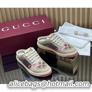 Stylish Gucci Screener Mule Sneakers Shoes  Leather and GG Canvas 260503 Beige Pink