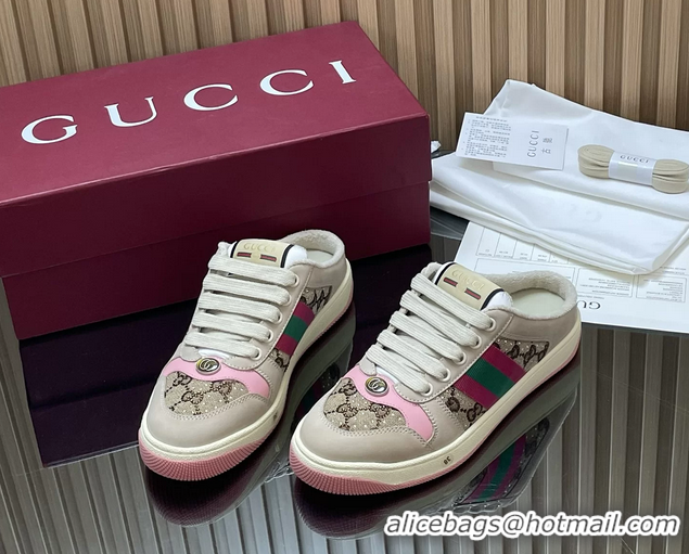 Stylish Gucci Screener Mule Sneakers Shoes  Leather and GG Canvas 260503 Beige Pink