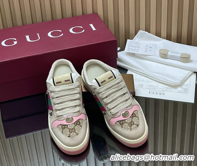 Stylish Gucci Screener Mule Sneakers Shoes  Leather and GG Canvas 260503 Beige Pink